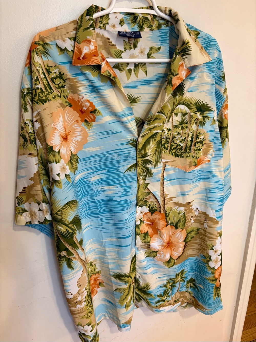 Pacific & Co. Mens Blue, Green & Cream Tropical Floral Hawaiian Shirt size large